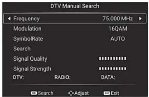 DTV Manual Search Frequency 75.000 MHz Modulation 16QAM SymbolRate AUTO Search Signal Quality ********** Signal Strength ********** DTV: RADIO: DATA: Search Adjust Exit