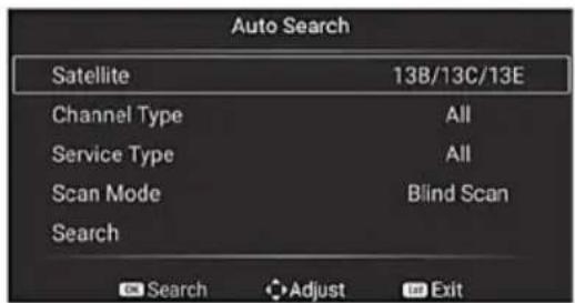 Auto Search Satellite 13B/13C/13E Channel Type All Service Type All Scan Mode Blind Scan Search Search Adjust Exit