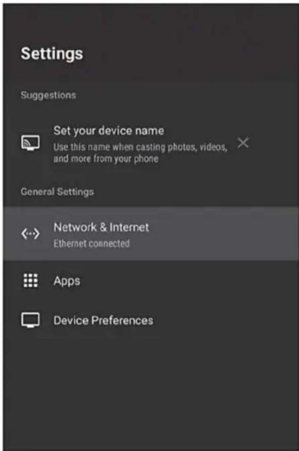 Settings Suggestions Set your device name Use this name when casting photos, videos, and more from your phone General Settings Network & Internet Ethernet connected Apps Device Preferences