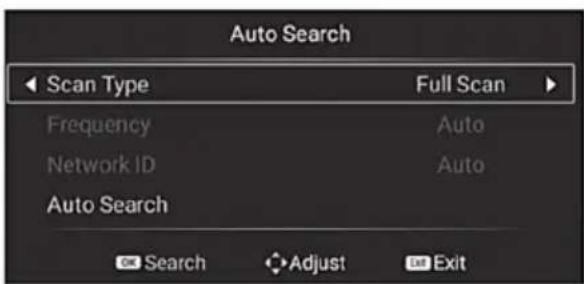 Auto Search Scan Type Full Scan Frequency Auto Network ID Auto Auto Search Search Adjust Exit