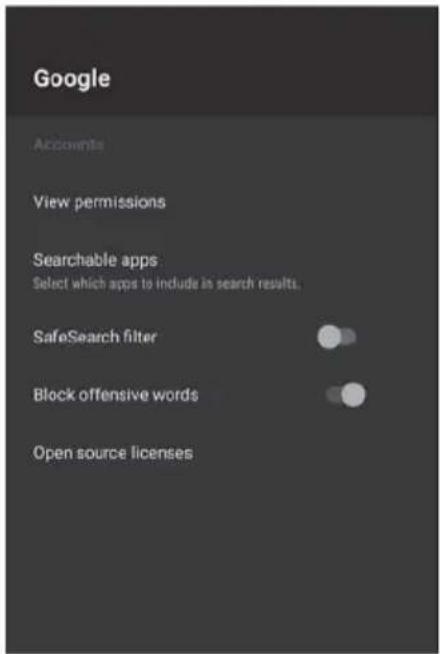 Google Accounts View permissions Searchable apps Select which apps to include in search results. SafeSearch filter Block offensive words Open source licenses