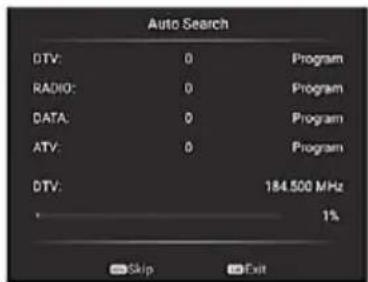 Auto Search DTV: 0 Program RADIO: 0 Program DATA: 0 Program ATV: 0 Program DTV: 184.500 MHz 1% Skip Exit