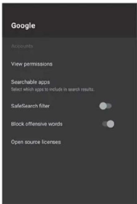 Google Accounts View permissions Searchable apps Select which apps to include in search results. SafeSearch filter Block offensive words Open source licenses
