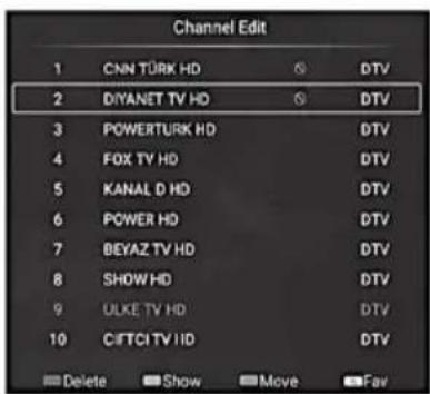 Channel Edit 1 CNN TÜRK HD S DTV 2 DIYANET TV HD S DTV 3 POWERTRUK HD DTV 4 FOX TV HD DTV 5 KANAL D HD DTV 6 POWER HD DTV 7 BEYAZ TV HD DTV 8 SHOW HD DTV 9 ULKE TV HD DTV 10 CIFTCTV HD DTV Delete Show Move Fav