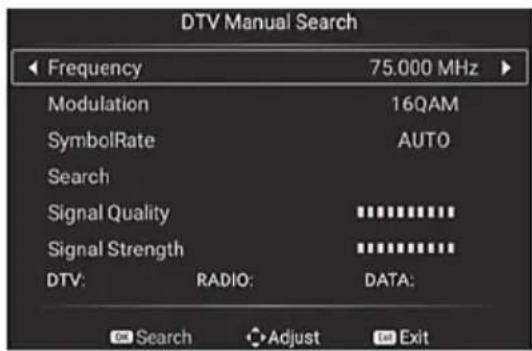 DTV Manual Search Frequency 75.000 MHz Modulation 16QAM SymbolRate AUTO Search Signal Quality ****** Signal Strength ****** DTV: RADIO: DATA: Search Adjust Exit