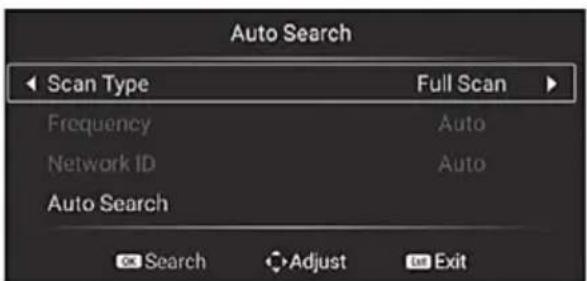 Auto Search Scan Type Full Scan Frequency Auto Network ID Auto Auto Search Search Adjust Exit