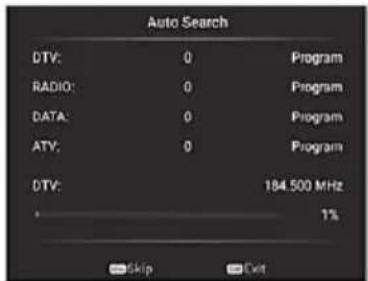 Auto Search DTV: 0 Program RADIO: 0 Program DATA: 0 Program ATV: 0 Program DTV: 184.500 MHz 1% Skip Cut