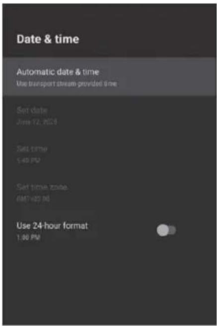 Date & time Automatic date & time Use transport stream-provided time Set date June 12, 2020 Set time $45 PM Set time zone 6M7-02 PM Use 24-hour format 1.00 PM