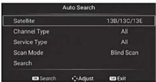 Auto Search Satellite 13B/13C/13E Channel Type All Service Type All Scan Mode Blind Scan Search Search Adjust Exit