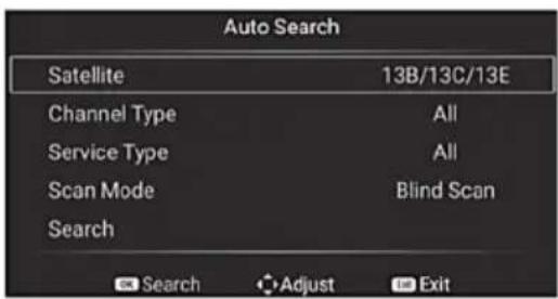Auto Search Satellite 13B/13C/13E Channel Type All Service Type All Scan Mode Blind Scan Search Search Adjust Exit