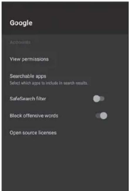 Google Accounts View permissions Searchable apps Select which apps to include in search results. SafeSearch filter Block offensive words Open source licenses