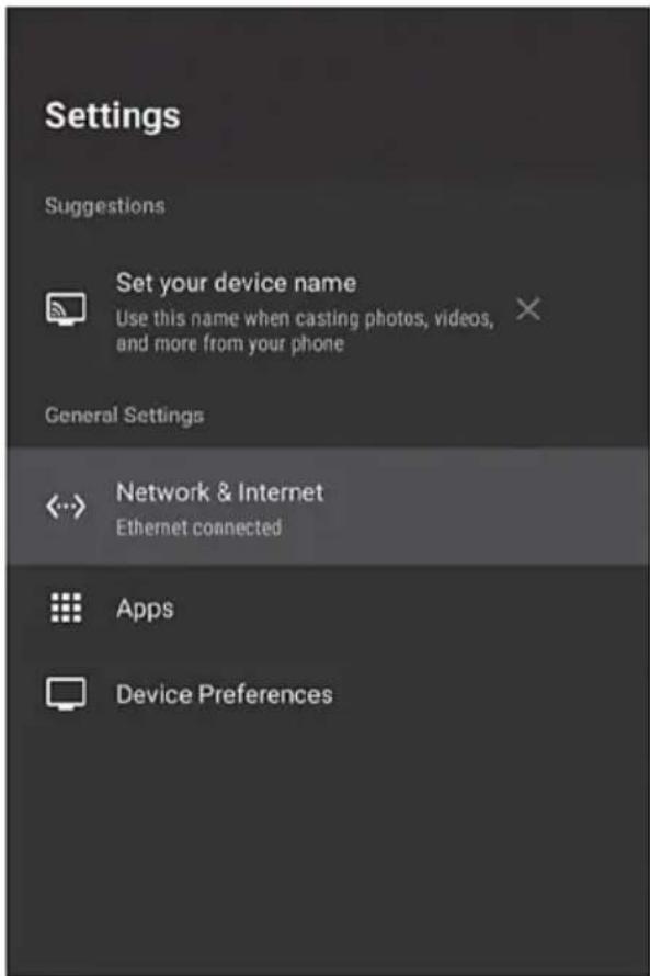 Settings Suggestions Set your device name Use this name when casting photos, videos, and more from your phone General Settings Network & Internet Ethernet connected Apps Device Preferences