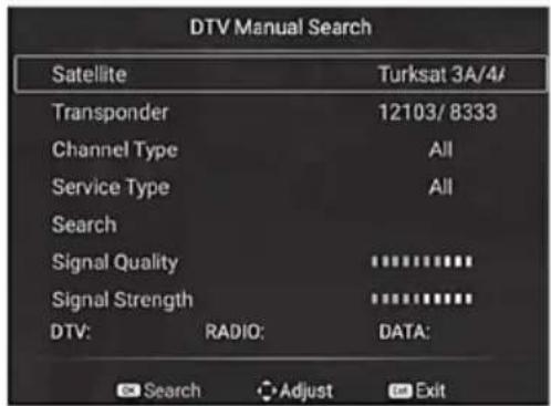DTV Manual Search Satellite Turksat 3A/4/ Transponder 12103/ 8333 Channel Type All Service Type All Search Signal Quality ********** Signal Strength ********** DTV: RADIO: DATA: Search Adjust Exit
