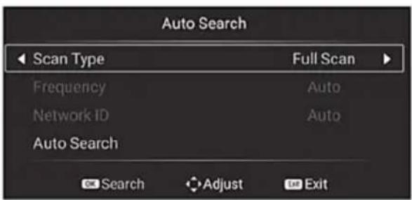Auto Search Scan Type Full Scan Frequency Auto Network ID Auto Auto Search Search Adjust Exit