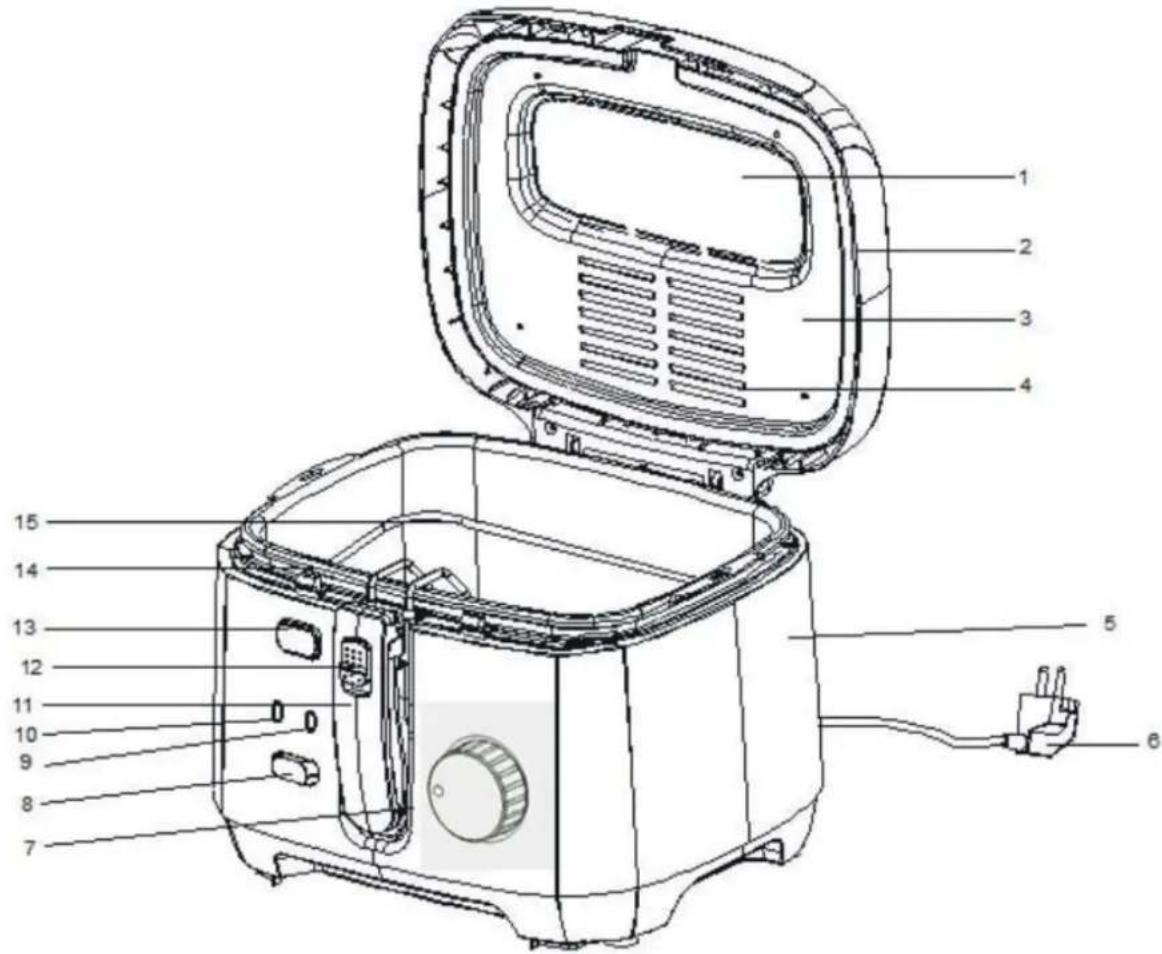 Technical diagram of a microwave oven with numbered parts for identification