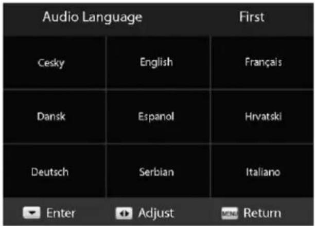 Audio Language First Cesky English Français Dansk Espanol Hrvatski Deutsch Serbian Italiano Enter Adjust Return