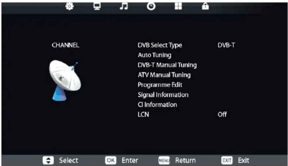 CHANNEL DVB Select Type Auto Tuning DVB-T Manual Tuning ATV Manual Tuning Programme Edit Signal Information CI Information LCN DVB-T Off Select OK Enter MENU Return EXIT Exit