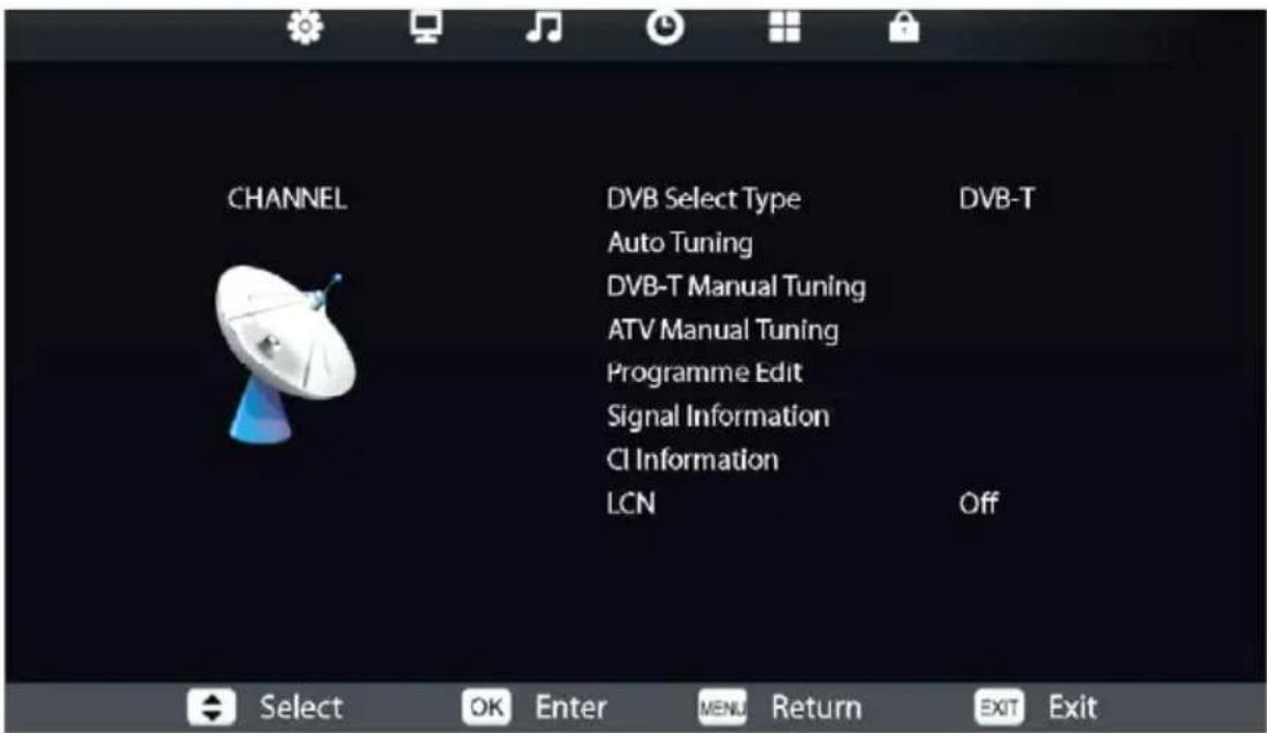 CHANNEL DVB Select Type Auto Tuning DVB-T Manual Tuning ATV Manual Tuning Programme Edit Signal Information CI Information LCN DVB-T Off Select OK Enter MENU Return EXIT Exit