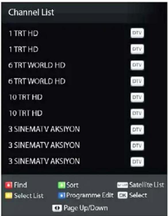 Channel List 1 TRT HD 1 TRT HD 6 TRT WORLD HD 6 TRT WORLD HD 10 TRT HD 10 TRT HD 3 SINEMATV AKSIYON 3 SINEMATV AKSIYON 3 SINEMATV AKSIYON Find Sort Satellite List Select List Programme Edit OK Select Page Up/Down