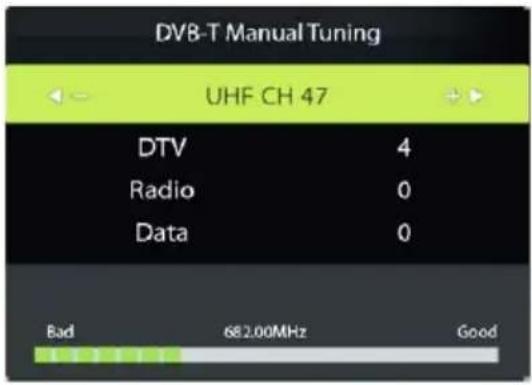 DVB-T Manual Tuning UHF CH 47 DTV 4 Radio 0 Data 0 Bad 682.00MHz Good