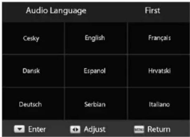 Audio Language First Cesky English Français Dansk Espanol Hrvatski Deutsch Serbian Italiano Enter Adjust Return