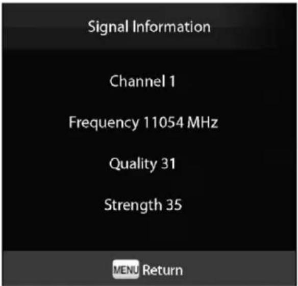 Signal Information Channel 1 Frequency 11054 MHz Quality 31 Strength 35 MENU Return