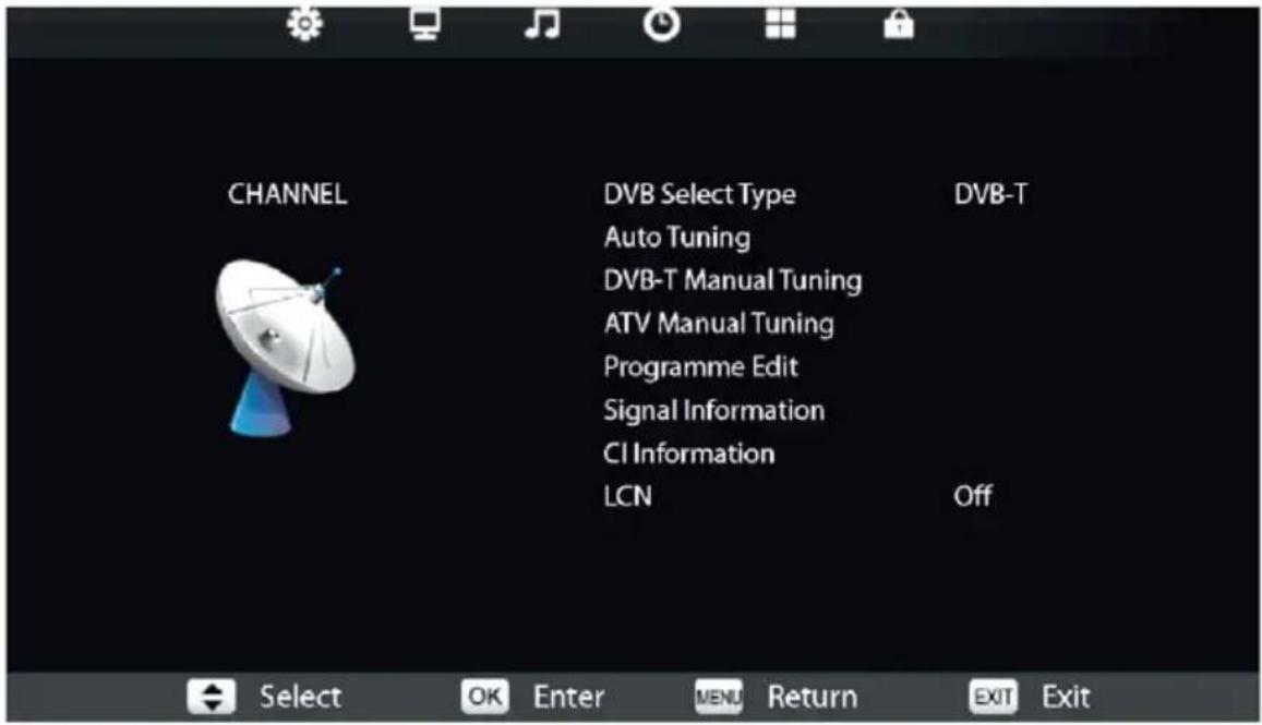 CHANNEL DVB Select Type Auto Tuning DVB-T Manual Tuning ATV Manual Tuning Programme Edit Signal Information CI Information LCN DVB-T Off Select OK Enter Menu Return EXIT Exit