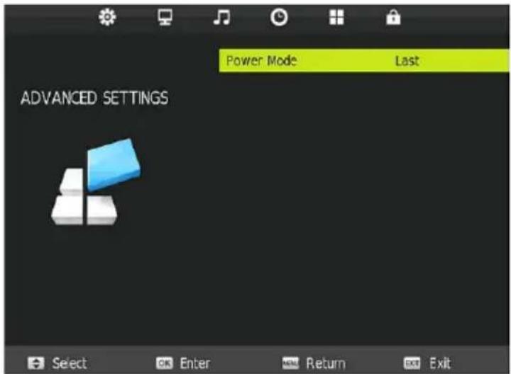 Power Mode Last ADVANCED SETTINGS Select Enter Return Exit