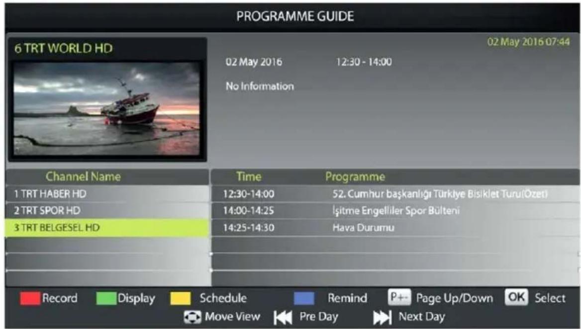 PROGRAMME GUIDE 6 TRT WORLD HD 02 May 2016 07:44 02 May 2016 12:30 - 14:00 No Information Channel Name Time Programme 1 TRT HABER HD 12:30-14:00 52. Cumhur başkanlığı Türkiye Bisiklet Turul(Ozet) 2 TRT SPOR HD 14:00-14:25 Işitme Engelliler Spor Bülteni 3 TRT BELGESEL HD 14:25-14:30 Hava Durumu Record Display Schedule Remind P+ Page Up/Down OK Select Move View Pre Day Next Day