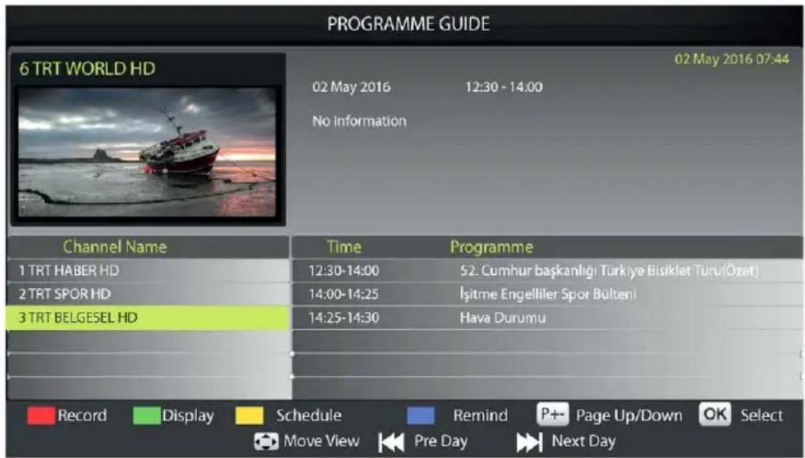 PROGRAMME GUIDE 6 TRT WORLD HD 02 May 2016 07:44 02 May 2016 12:30 - 14:00 No Information Channel Name Time Programme 1 TRT HABER HD 12:30-14:00 52. Cumhur başkanlığı Türkiye Bisiklet Turu(Özet) 2 TRT SPOR HD 14:00-14:25 İşitme Engelliler Spor Bülteni 3 TRT BELGESEL HD 14:25-14:30 Hava Durumu Record Display Schedule Remind P++ Page Up/Down OK Select Move View Pre Day Next Day