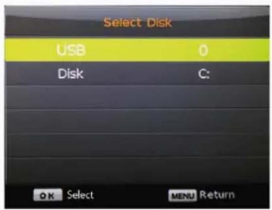 Select Disk USB 0 Disk C: OK Select MENU Return