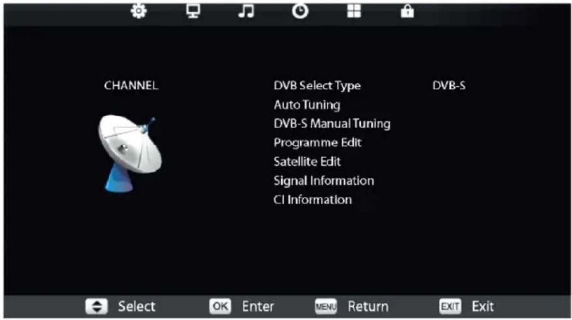 CHANNEL DVB Select Type Auto Tuning DVB-S Manual Tuning Programme Edit Satellite Edit Signal Information CI Information DVB-S Select OK Enter MENU Return EXIT Exit