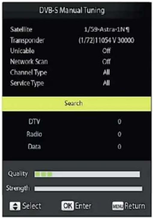 DVB-S Manual Tuning Satellite 1/59·Astra·1N¶ Transponder (1/72)11054 V 30000 Unicable Off Network Scan Off Channel Type All Service Type All Search DTV 0 Radio 0 Data 0 Quality Strength Select OK Enter MENU Return