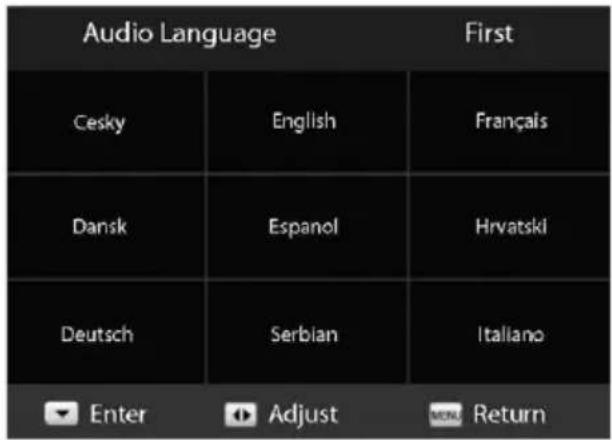 Audio Language First Cesky English Français Dansk Espanol Hrvatski Deutsch Serbian Italiano Enter Adjust Return
