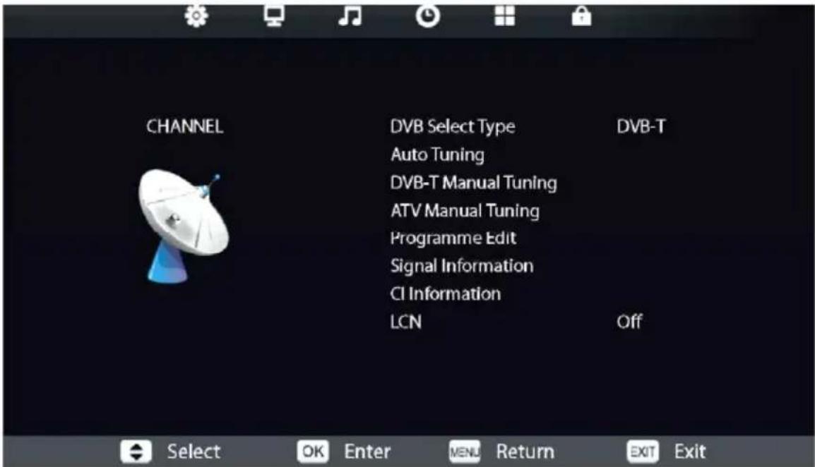CHANNEL DVB Select Type Auto Tuning DVB-T Manual Tuning ATV Manual Tuning Programme Edit Signal Information CI Information LCN DVB-T Off Select OK Enter MENU Return EXIT Exit