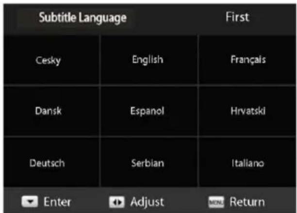Subtitle Language First Cesky English Français Dansk Espanol Hrvatski Deutsch Serbian Itallano Enter Adjust Return