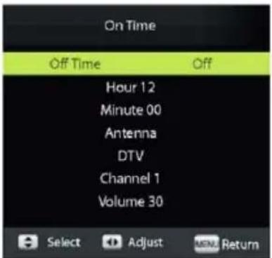 On Time Off Time Off Hour 12 Minute 00 Antenna DTV Channel 1 Volume 30 Select Adjust MENU Return