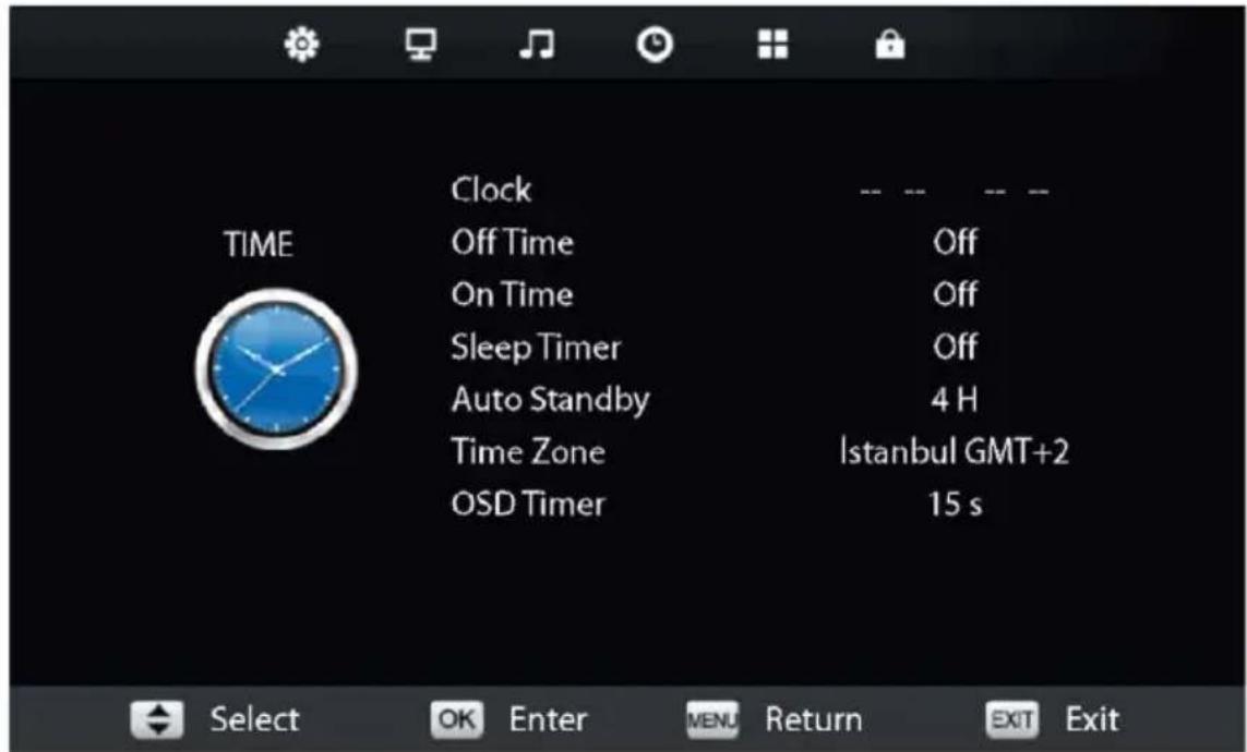 TIME Clock Off Time On Time Sleep Timer Auto Standby Time Zone OSD Timer -- -- -- Off Off Off 4 H Istanbul GMT+2 15 s Select OK Enter MENU Return EXIT Exit