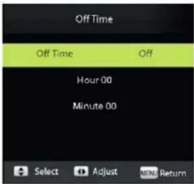 Off Time Off Time Off Hour 00 Minute 00 Select Adjust MENS Return