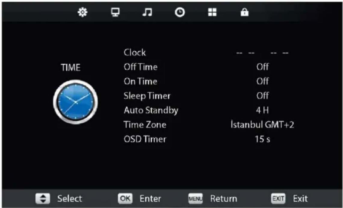 TIME Clock Off Time On Time Sleep Timer Auto Standby Time Zone OSD Timer -- -- -- Off Off Off 4 H İstanbul GMT+2 15 s Select OK Enter MENU Return EXIT Exit