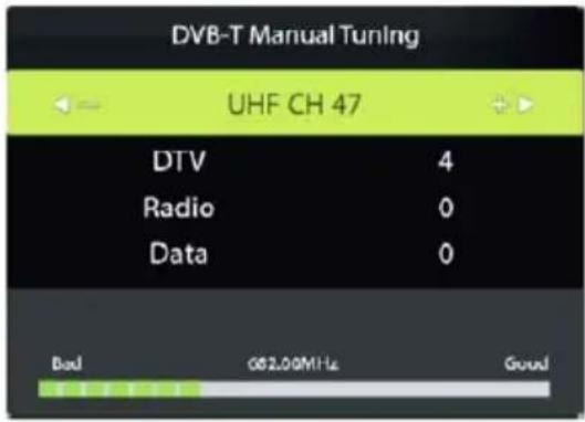 DVB-T Manual Tuning UHF CH 47 DTV 4 Radio 0 Data 0 Bad 082.00MHz Good