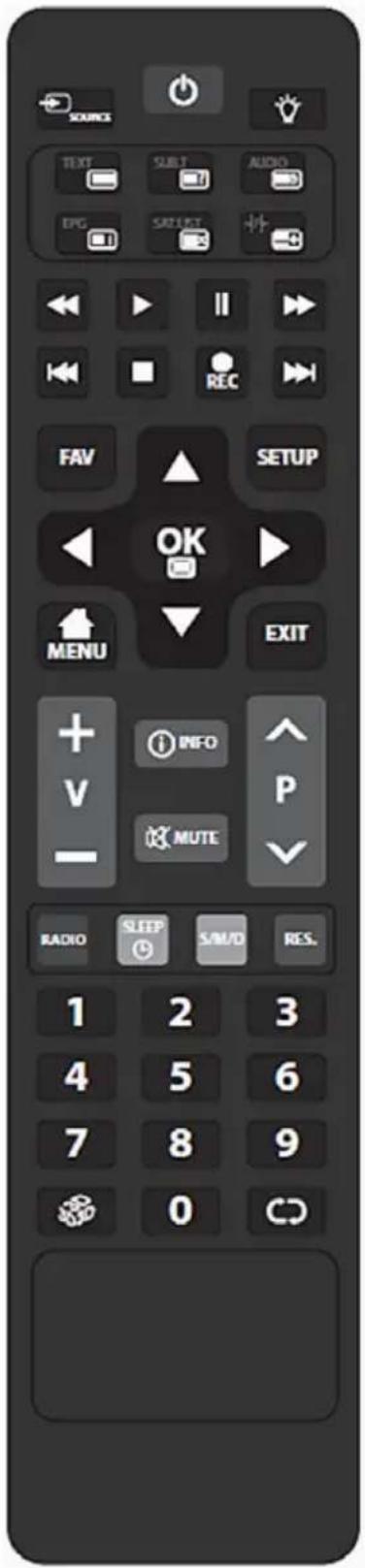 SOURCES TEXT SUBT AUDIO EPG SPECT + - ← I → ▶ RECE FAV ▲ SETUP OK MENU EXIT + - V INFO P MUTE RADIO SLEEP S/M/D RES. 1 2 3 4 5 6 7 8 9 0