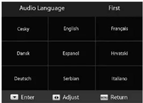 Audio Language First Cesky English Français Dansk Espanol Hrvatski Deutsch Serbian Italiano Enter Adjust MENU Return