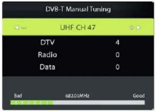 DVB-T Manual Tuning UHF CH 47 DTV 4 Radio 0 Data 0 Bad 682.00MHz Good