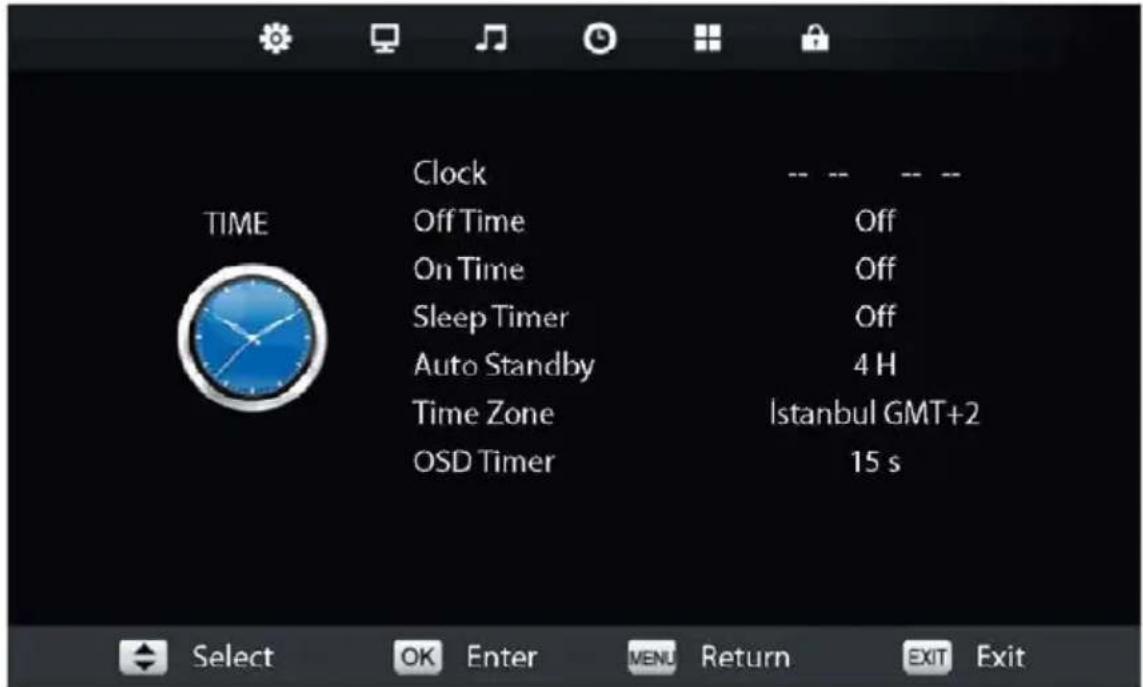 TIME Clock Off Time On Time Sleep Timer Auto Standby Time Zone OSD Timer -- -- -- Off Off Off 4 H Istanbul GMT+2 15 s Select OK Enter MENU Return EXIT Exit