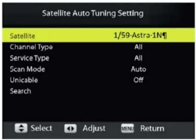 Satellite Auto Tuning Setting Satellite 1/59·Astra·1N¶ Channel Type All Service Type All Scan Mode Auto Unicable Off Search Select Adjust MENU Return
