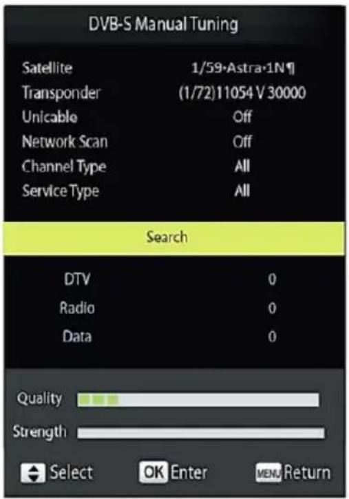 DVB-S Manual Tuning Satellite 1/59·Astra·1N¶ Transponder (1/72)11054 V 30000 Unicable Off Network Scan Off Channel Type All Service Type All Search DTV 0 Radio 0 Data 0 Quality Strength Select OK Enter MENU Return