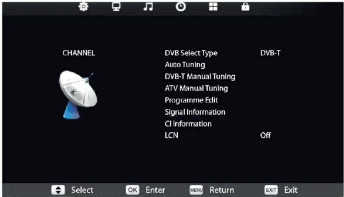 CHANNEL DVB Select Type Auto Tuning DVB-T Manual Tuning ATV Manual Tuning Programme Edit Signal Information CI Information LCN DVB-T Off Select OK Enter MENU Return EXIT Exit