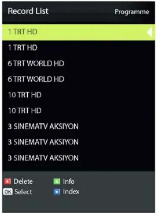 Record List Programme 1 TRT HD 1 TRT HD 6 TRT WORLD HD 6 TRT WORLD HD 10 TRT HD 10 TRT HD 3 SINEMATV AKSIYON 3 SINEMATV AKSIYON 3 SINEMATV AKSIYON Delete Info OK Select Index