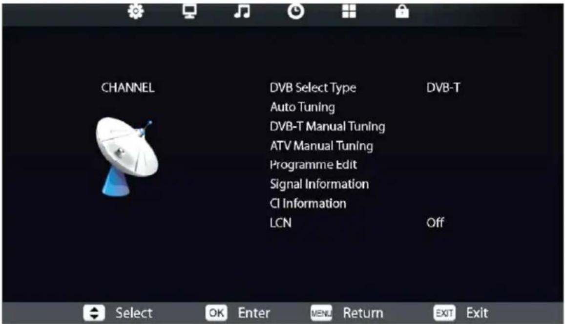 CHANNEL DVB Select Type Auto Tuning DVB-T Manual Tuning ATV Manual Tuning Programme Edit Signal Information CI Information LCN DVB-T Off Select OK Enter MENU Return EXIT Exit